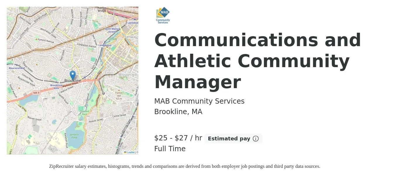 MAB Community Services job posting for a Communications and Athletic Community Manager in Brookline, MA with a salary of $26 to $29 Hourly with a map of Brookline location.