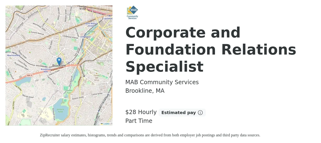 MAB Community Services job posting for a Corporate and Foundation Relations Specialist in Brookline, MA with a salary of $30 Hourly with a map of Brookline location.