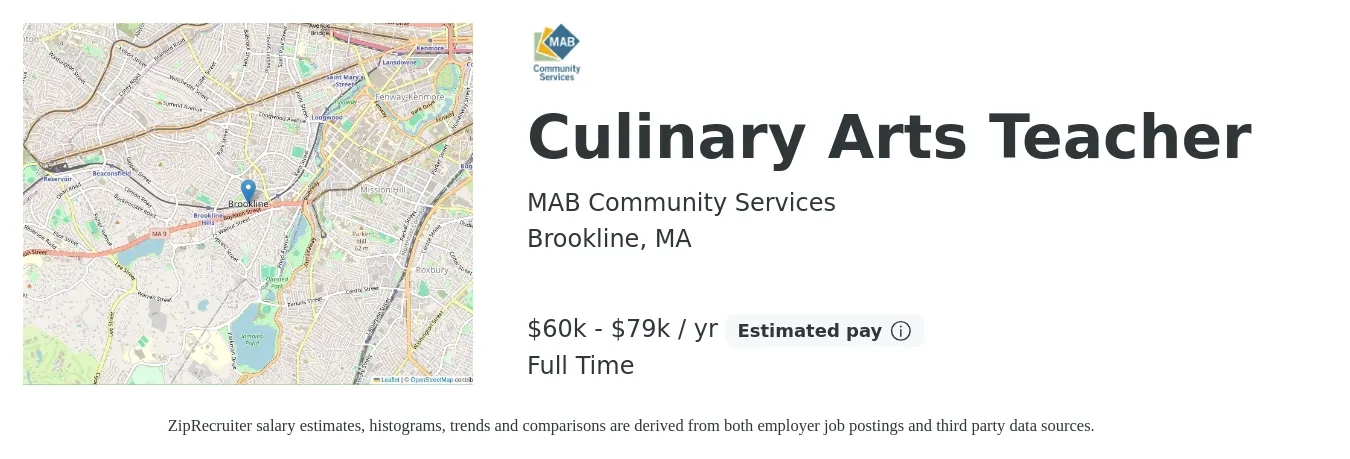 MAB Community Services job posting for a Culinary Arts Teacher in Brookline, MA with a salary of $60,000 to $79,000 Yearly with a map of Brookline location.