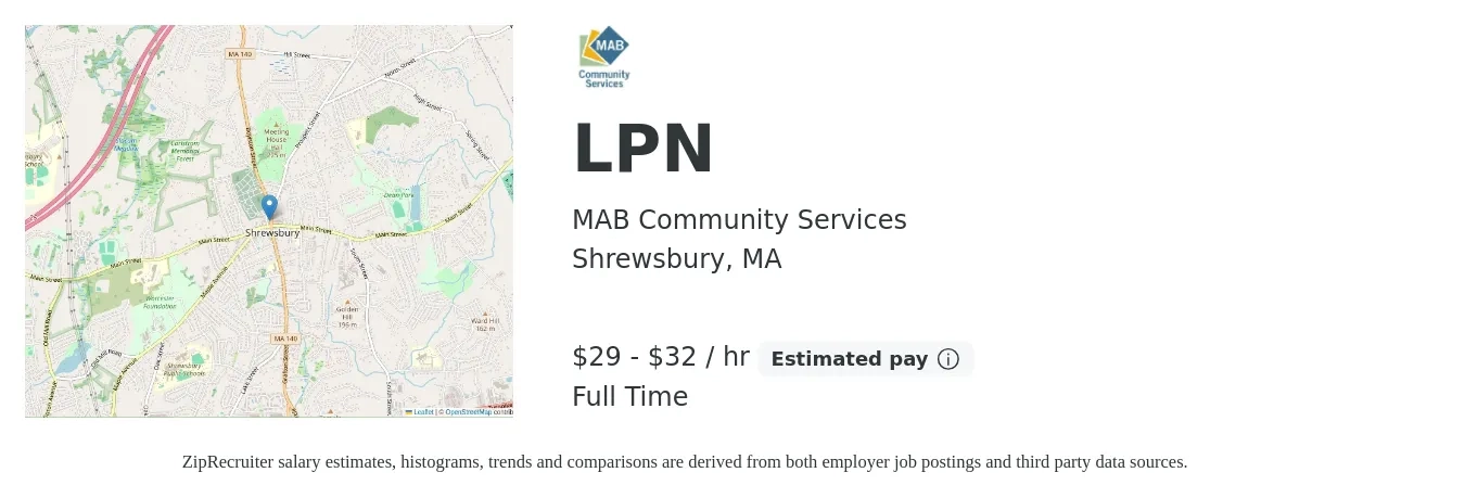 MAB Community Services job posting for a LPN in Shrewsbury, MA with a salary of $31 to $34 Hourly with a map of Shrewsbury location.