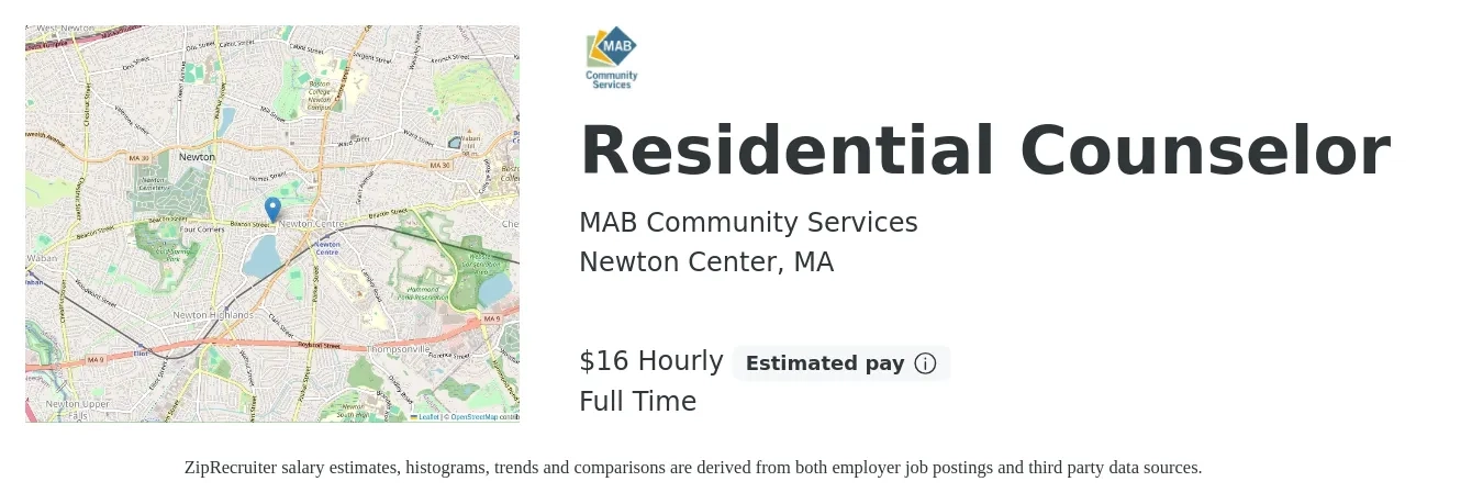 MAB Community Services job posting for a Residential Counselor in Newton Center, MA with a salary of $17 to $18 Hourly with a map of Newton Center location.