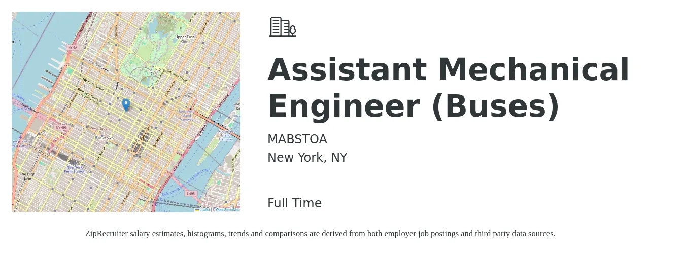 MABSTOA job posting for a Assistant Mechanical Engineer (Buses) in New York, NY with a salary of $69,387 to $90,535 Yearly with a map of New York location.