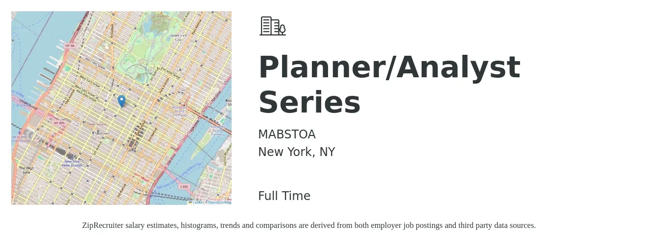 MABSTOA job posting for a Planner/Analyst Series in New York, NY with a salary of $91,050 to $120,924 Yearly with a map of New York location.