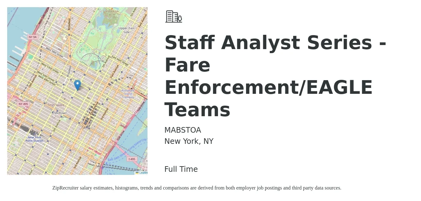 MABSTOA job posting for a Staff Analyst Series - Fare Enforcement/EAGLE Teams in New York, NY with a salary of $81,994 to $106,164 Yearly with a map of New York location.