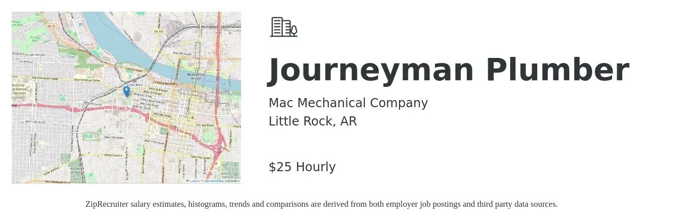 Mac Mechanical Company job posting for a Journeyman Plumber in Little Rock, AR with a salary of $27 Hourly with a map of Little Rock location.