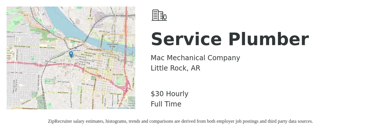 Mac Mechanical Company job posting for a Service Plumber in Little Rock, AR with a salary of $32 Hourly with a map of Little Rock location.