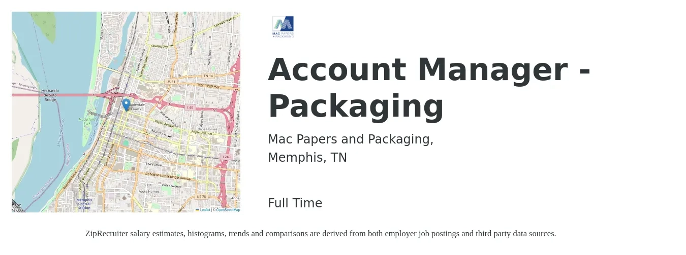 Mac Papers and Packaging, job posting for a Account Manager - Packaging in Memphis, TN with a salary of $46,700 to $76,400 Yearly with a map of Memphis location.