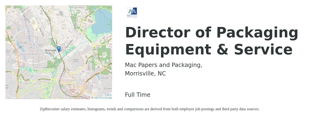 Mac Papers and Packaging, job posting for a Director of Packaging Equipment & Service in Morrisville, NC with a salary of $73,400 to $112,300 Yearly with a map of Morrisville location.