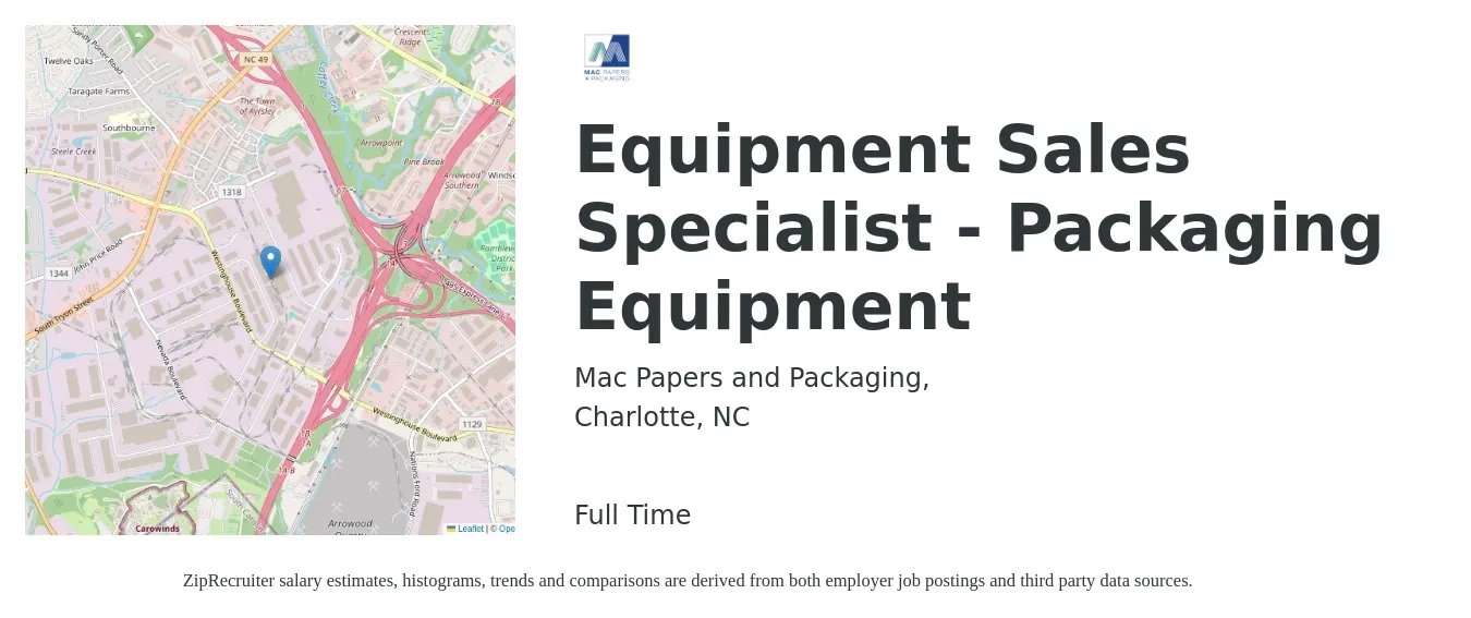 Mac Papers and Packaging, job posting for a Equipment Sales Specialist - Packaging Equipment in Charlotte, NC with a salary of $42,900 to $72,500 Yearly with a map of Charlotte location.