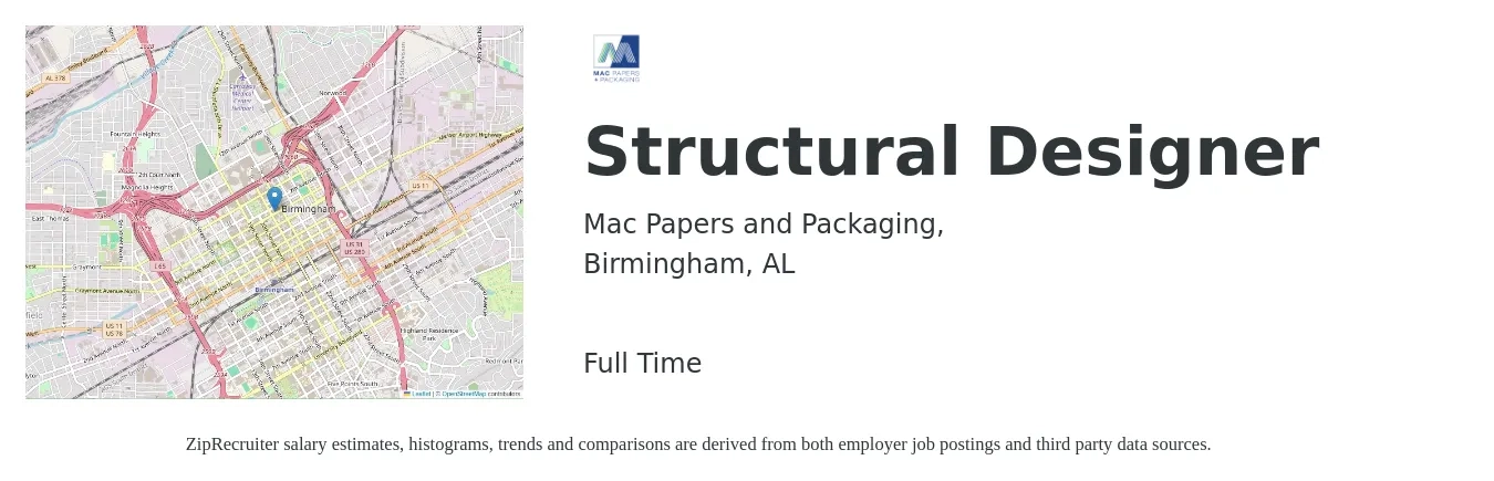Mac Papers and Packaging, job posting for a Structural Designer in Birmingham, AL with a salary of $30 to $50 Hourly with a map of Birmingham location.