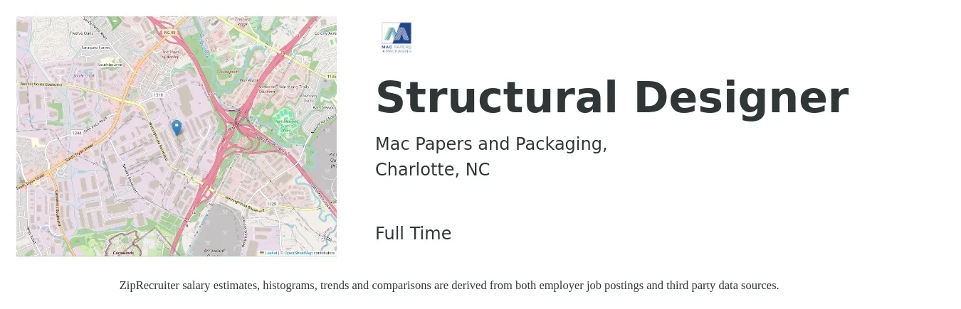 Mac Papers and Packaging, job posting for a Structural Designer in Charlotte, NC with a salary of $32 to $53 Hourly with a map of Charlotte location.