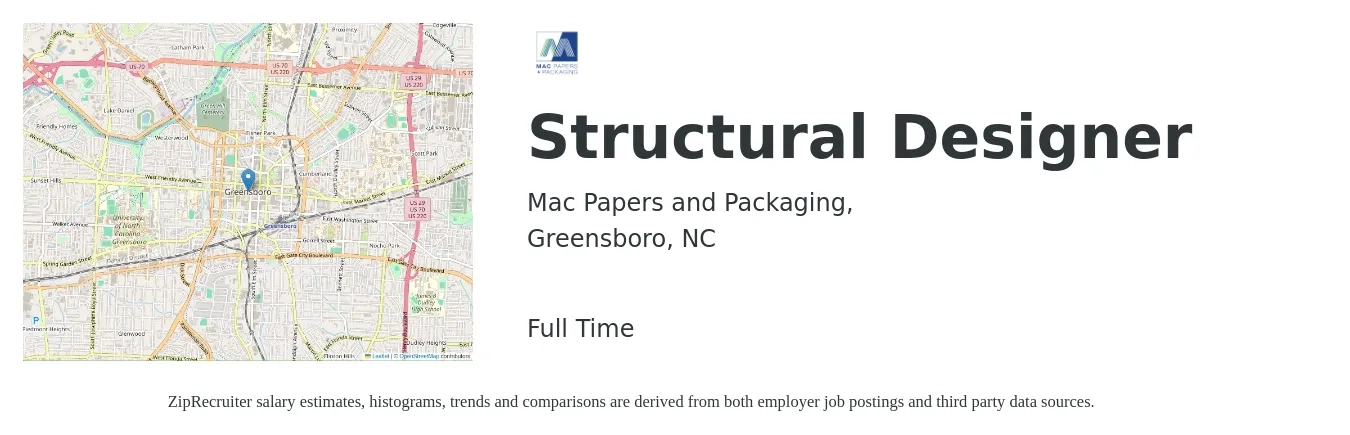 Mac Papers and Packaging, job posting for a Structural Designer in Greensboro, NC with a salary of $32 to $52 Hourly with a map of Greensboro location.