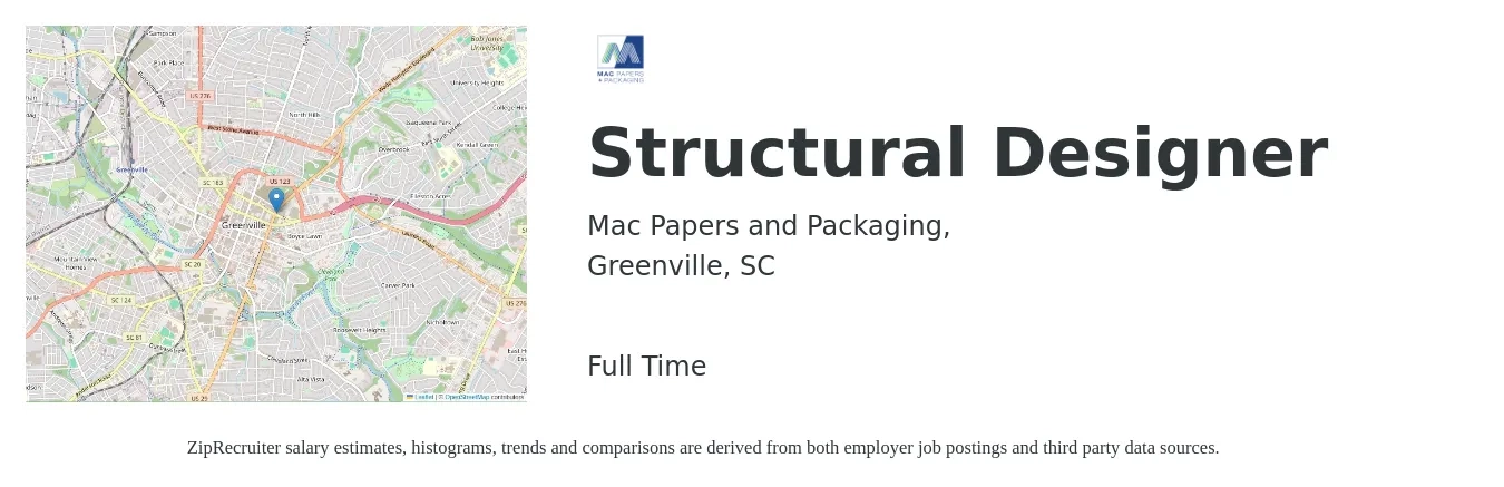 Mac Papers and Packaging, job posting for a Structural Designer in Greenville, SC with a salary of $30 to $50 Hourly with a map of Greenville location.