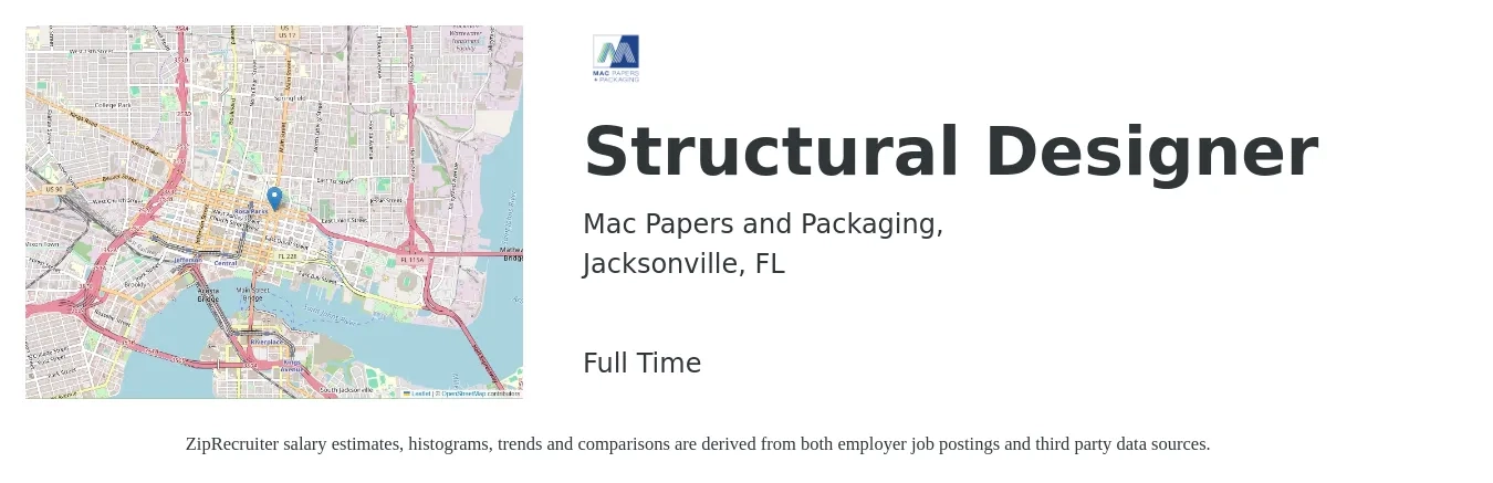 Mac Papers and Packaging, job posting for a Structural Designer in Jacksonville, FL with a salary of $30 to $50 Hourly with a map of Jacksonville location.