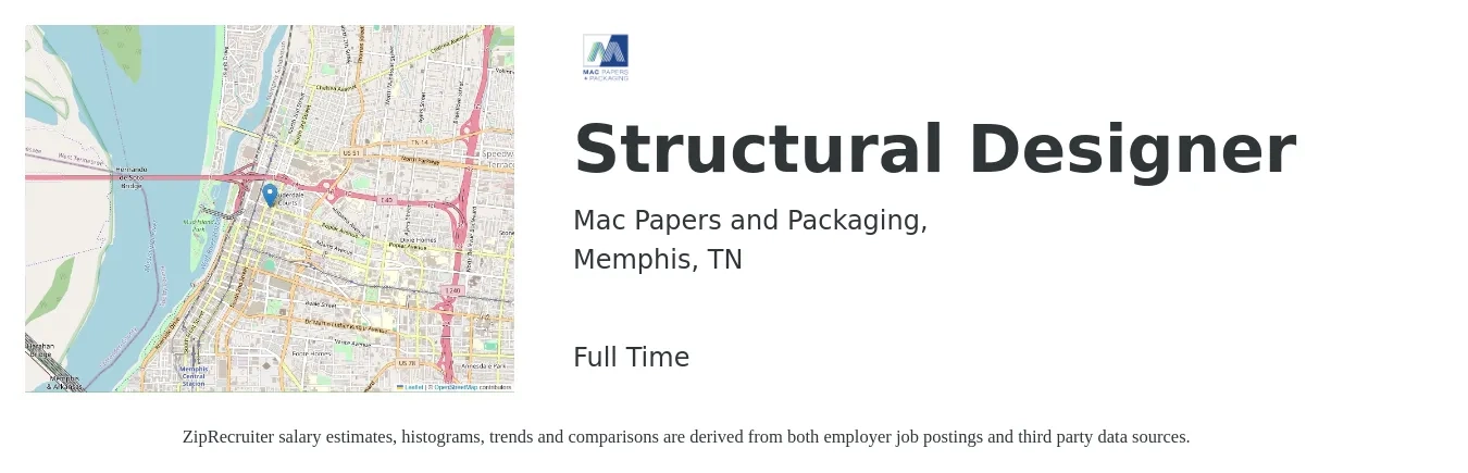 Mac Papers and Packaging, job posting for a Structural Designer in Memphis, TN with a salary of $32 to $52 Hourly with a map of Memphis location.