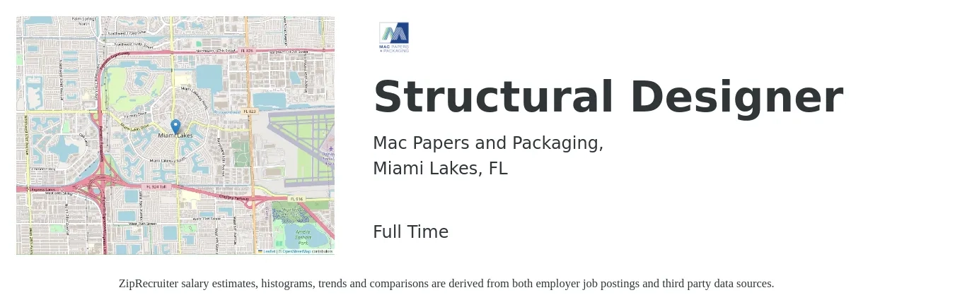 Mac Papers and Packaging, job posting for a Structural Designer in Miami Lakes, FL with a salary of $30 to $49 Hourly with a map of Miami Lakes location.