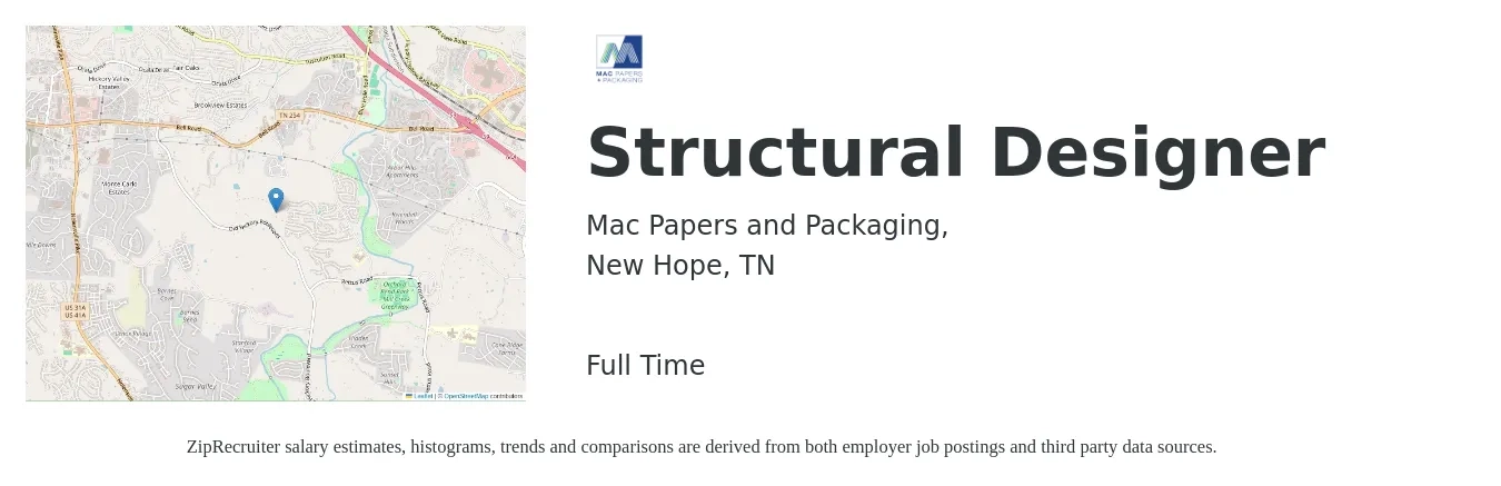 Mac Papers and Packaging, job posting for a Structural Designer in New Hope, TN with a salary of $31 to $52 Hourly with a map of New Hope location.