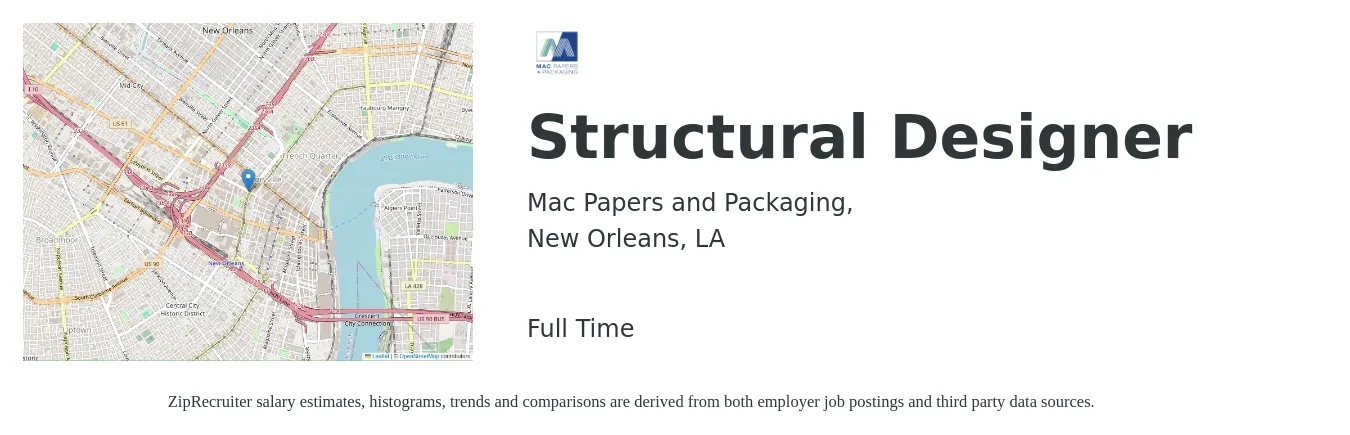 Mac Papers and Packaging, job posting for a Structural Designer in New Orleans, LA with a salary of $30 to $50 Hourly with a map of New Orleans location.