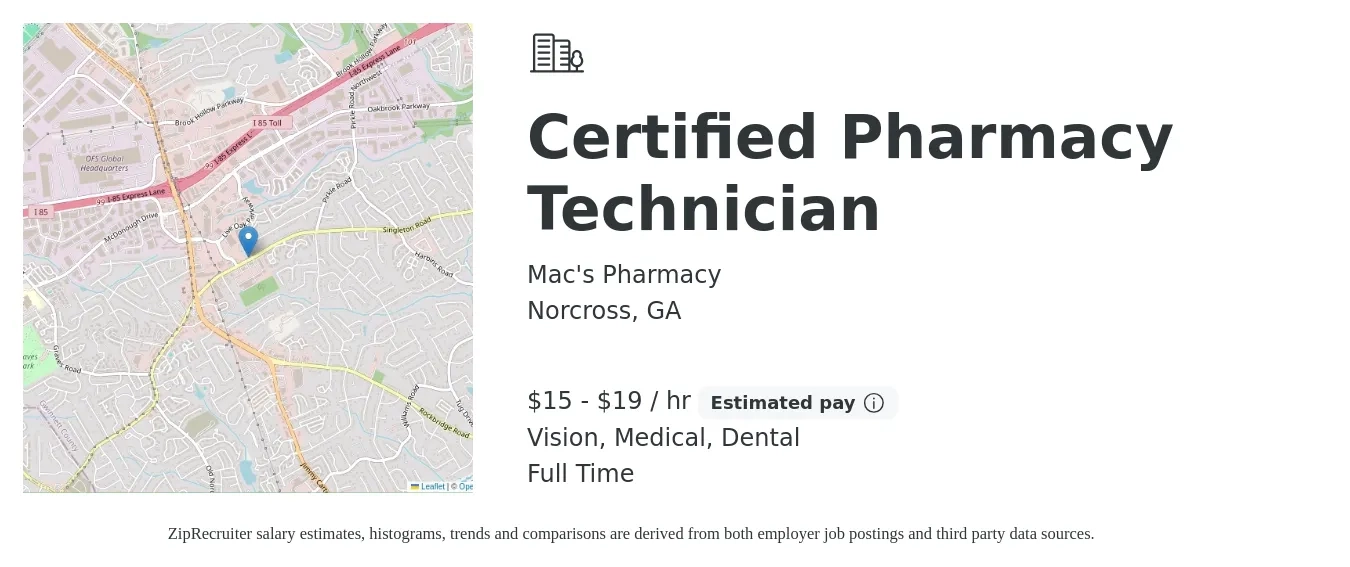 Mac's Pharmacy job posting for a Certified Pharmacy Technician in Norcross, GA with a salary of $16 to $20 Hourly and benefits including medical, vision, and dental with a map of Norcross location.