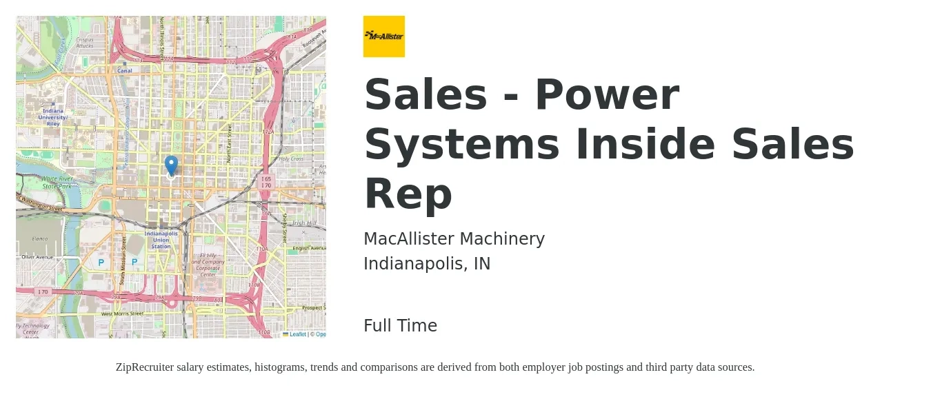 MacAllister Machinery job posting for a Sales - Power Systems Inside Sales Rep in Indianapolis, IN with a salary of $37,200 to $55,500 Yearly with a map of Indianapolis location.