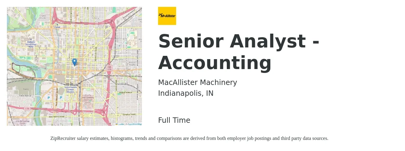 MacAllister Machinery job posting for a Senior Analyst - Accounting in Indianapolis, IN with a salary of $78,100 to $98,400 Yearly with a map of Indianapolis location.