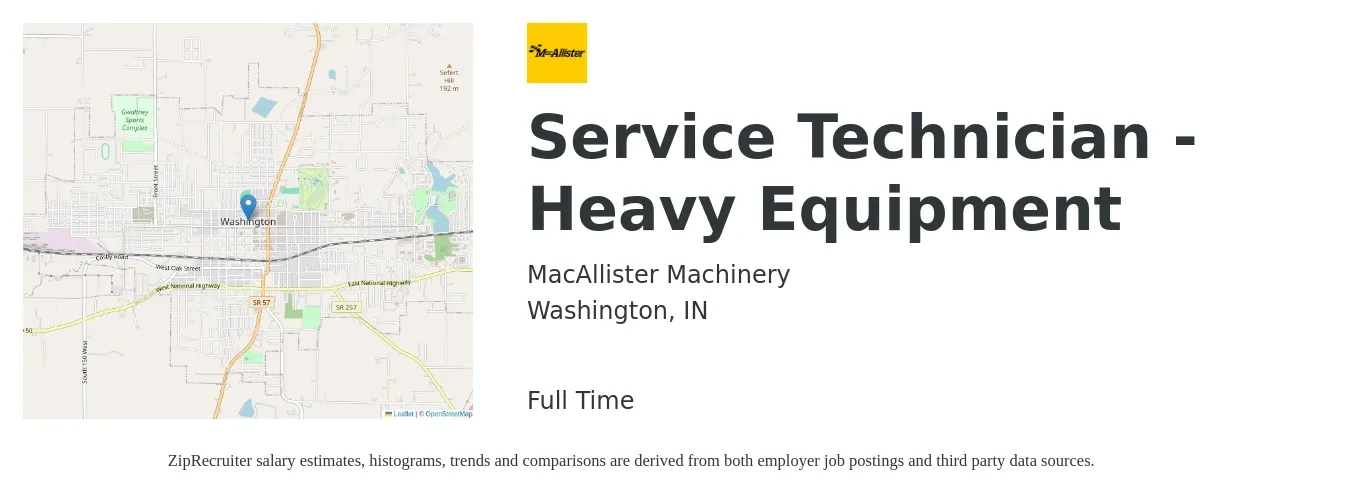 MacAllister Machinery job posting for a Service Technician - Heavy Equipment in Washington, IN with a salary of $21 to $28 Hourly with a map of Washington location.
