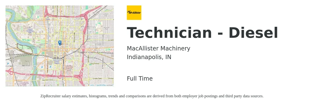 MacAllister Machinery job posting for a Technician - Diesel in Indianapolis, IN with a salary of $25 to $35 Hourly with a map of Indianapolis location.