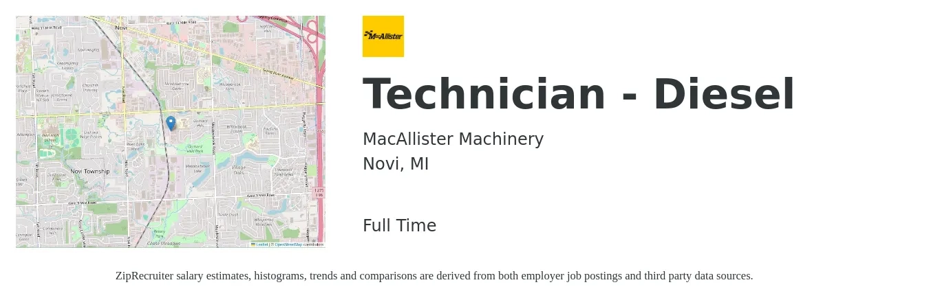MacAllister Machinery job posting for a Technician - Diesel in Novi, MI with a salary of $25 to $35 Hourly with a map of Novi location.