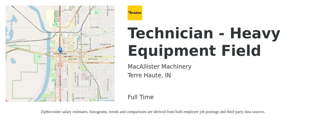 MacAllister Machinery job posting for a Technician - Heavy Equipment Field in Terre Haute, IN with a salary of $20 to $29 Hourly with a map of Terre Haute location.