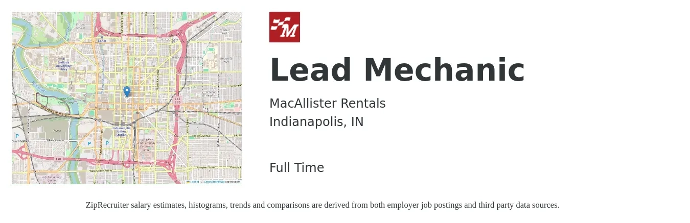 MacAllister Rentals job posting for a Lead Mechanic in Indianapolis, IN with a salary of $25 to $34 Hourly with a map of Indianapolis location.