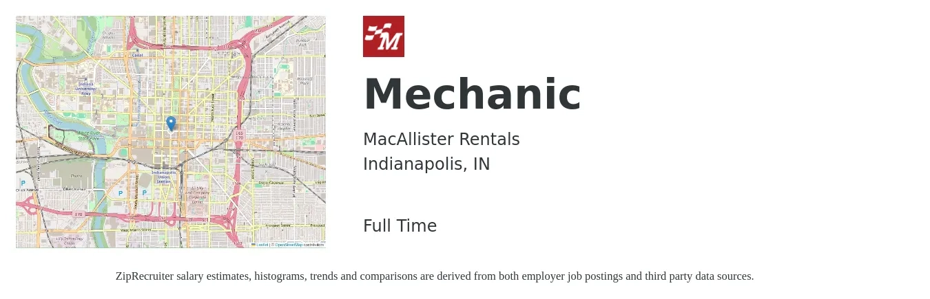 MacAllister Rentals job posting for a Mechanic in Indianapolis, IN with a salary of $20 to $27 Hourly with a map of Indianapolis location.