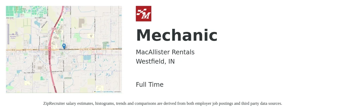 MacAllister Rentals job posting for a Mechanic in Westfield, IN with a salary of $19 to $29 Hourly with a map of Westfield location.