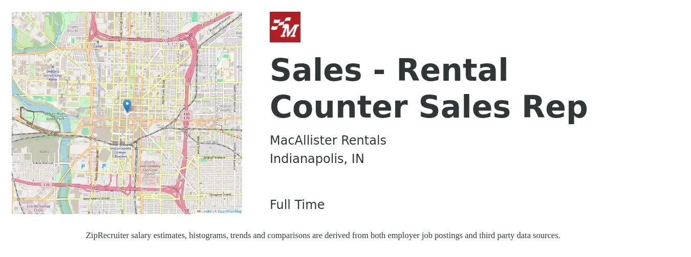 MacAllister Rentals job posting for a Sales - Rental Counter Sales Rep in Indianapolis, IN with a salary of $38,200 to $66,900 Yearly with a map of Indianapolis location.