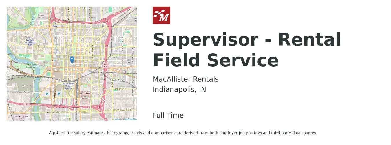 MacAllister Rentals job posting for a Supervisor - Rental Field Service in Indianapolis, IN with a salary of $21 to $36 Hourly with a map of Indianapolis location.