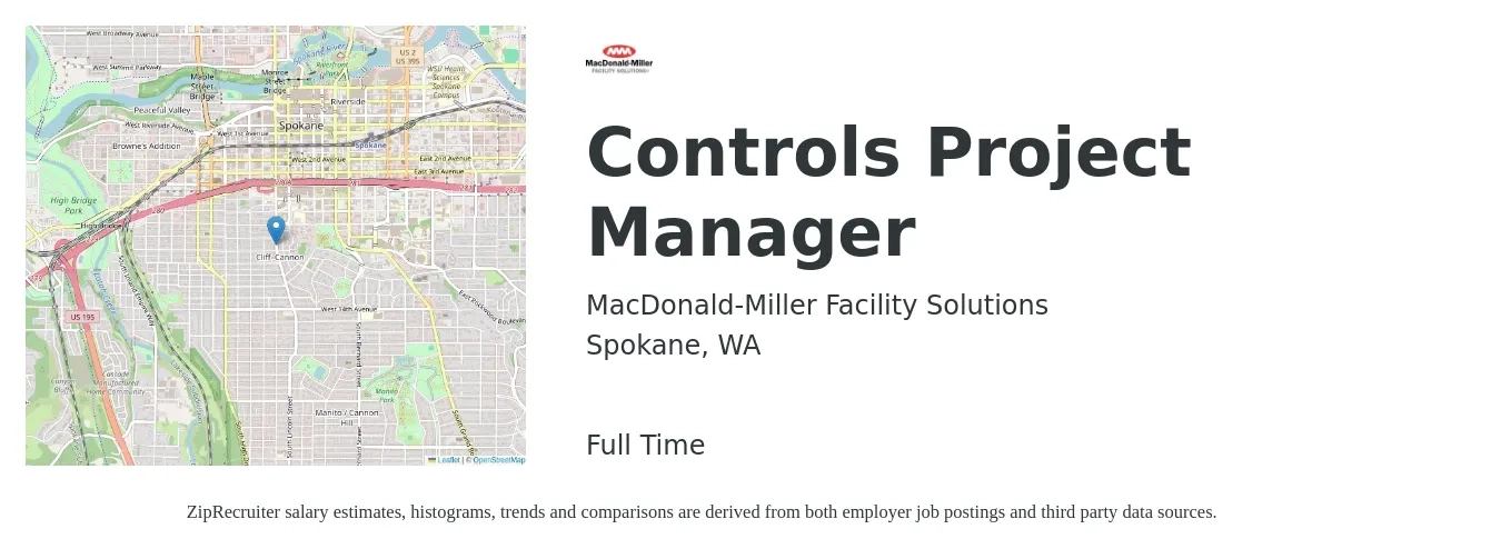 MacDonald-Miller Facility Solutions job posting for a Controls Project Manager in Spokane, WA with a salary of $85,900 to $145,100 Yearly with a map of Spokane location.