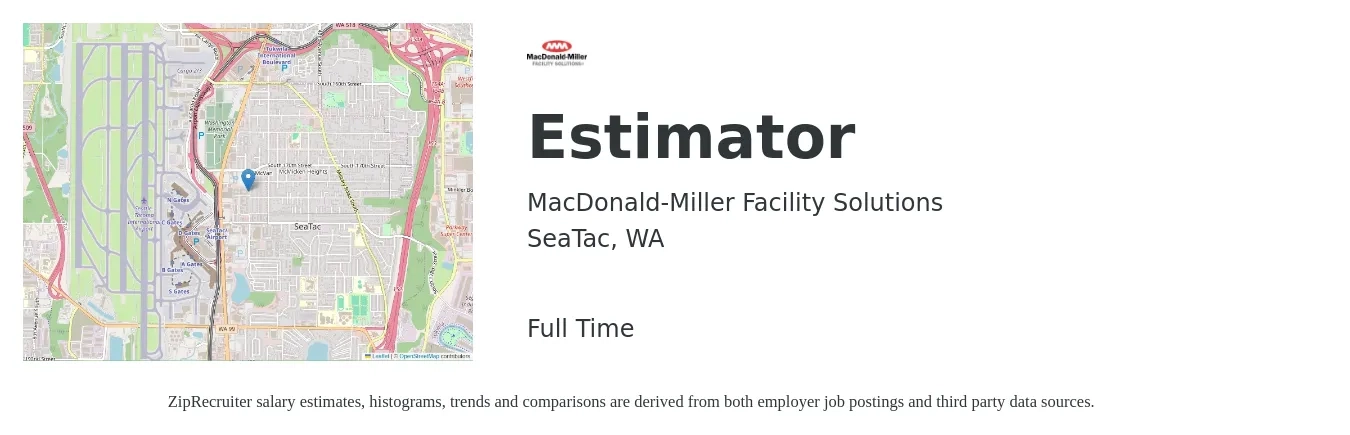 MacDonald-Miller Facility Solutions job posting for a Estimator in SeaTac, WA with a salary of $59,200 to $96,600 Yearly with a map of SeaTac location.
