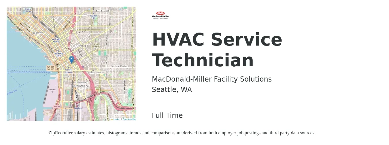 MacDonald-Miller Facility Solutions job posting for a HVAC Service Technician in Seattle, WA with a salary of $28 to $40 Hourly with a map of Seattle location.