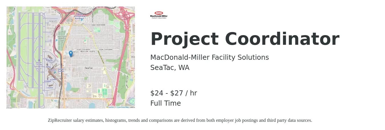 MacDonald-Miller Facility Solutions job posting for a Project Coordinator in SeaTac, WA with a salary of $25 to $29 Hourly with a map of SeaTac location.
