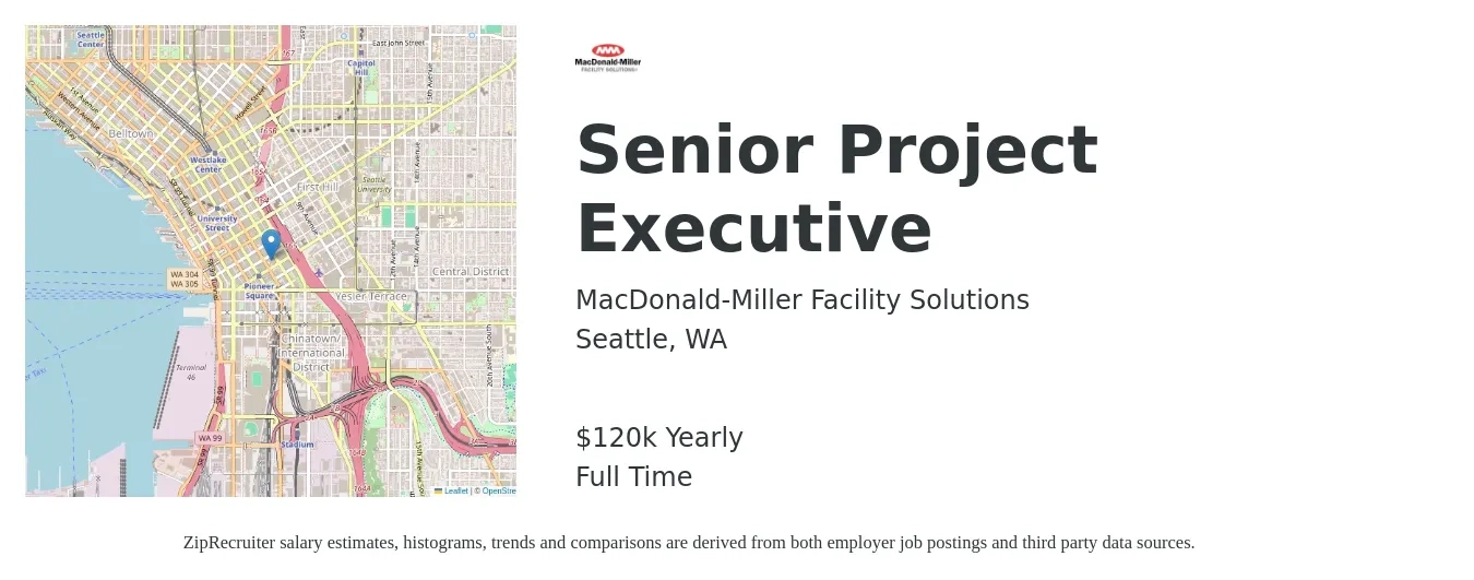 MacDonald-Miller Facility Solutions job posting for a Senior Project Executive in Seattle, WA with a salary of $12,000 Monthly with a map of Seattle location.