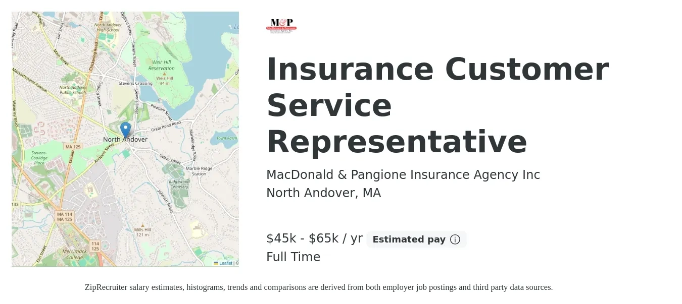 MacDonald Pangione Insurance Agency Inc job posting for a Insurance Customer Service Representative in North Andover, MA with a salary of $29,460 to $40,831 Yearly with a map of North Andover location.