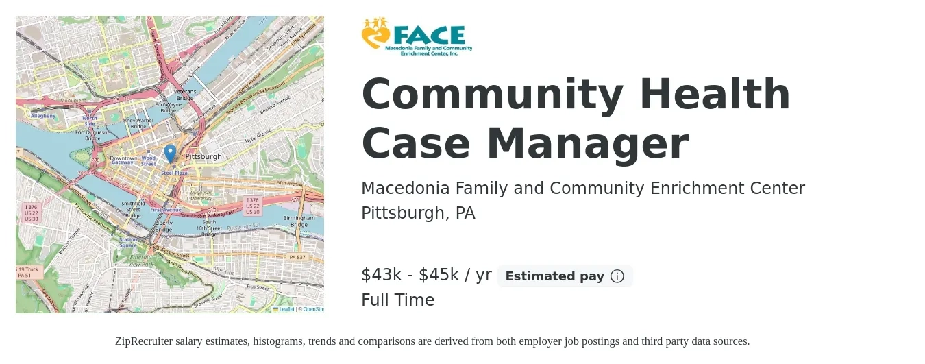 Macedonia Family and Community Enrichment Center job posting for a Community Health Case Manager in Pittsburgh, PA with a salary of $43,700 to $45,700 Yearly with a map of Pittsburgh location.