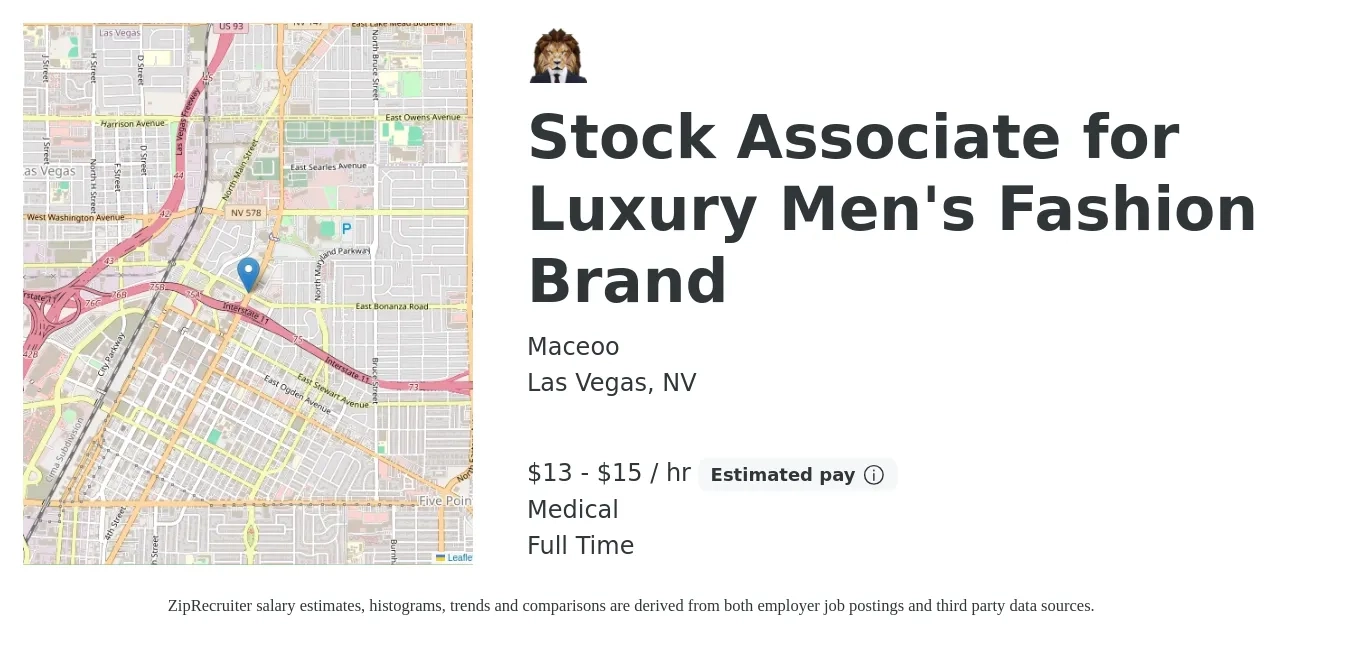 Maceoo job posting for a Stock Associate for Luxury Men's Fashion Brand in Las Vegas, NV with a salary of $14 to $16 Hourly and benefits including medical, pto, and retirement with a map of Las Vegas location.