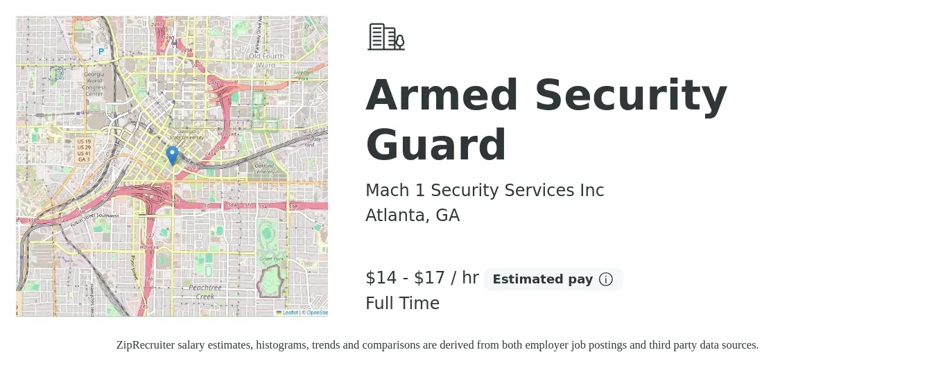 Mach 1 Security Services Inc job posting for a Armed Security Guard in Atlanta, GA with a salary of $15 to $18 Hourly with a map of Atlanta location.
