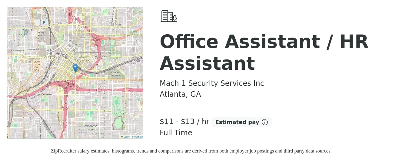 Mach 1 Security Services Inc job posting for a Office Assistant / HR Assistant in Atlanta, GA with a salary of $12 to $14 Hourly with a map of Atlanta location.
