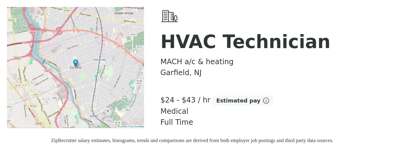 MACH a/c & heating job posting for a HVAC Technician in Garfield, NJ with a salary of $25 to $45 Hourly and benefits including medical, and pto with a map of Garfield location.