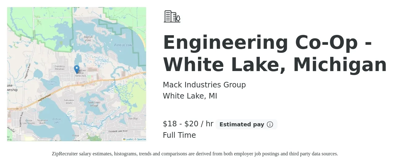 Mack Industries Group job posting for a Engineering Co-Op - White Lake, Michigan in White Lake, MI with a salary of $19 to $21 Hourly with a map of White Lake location.
