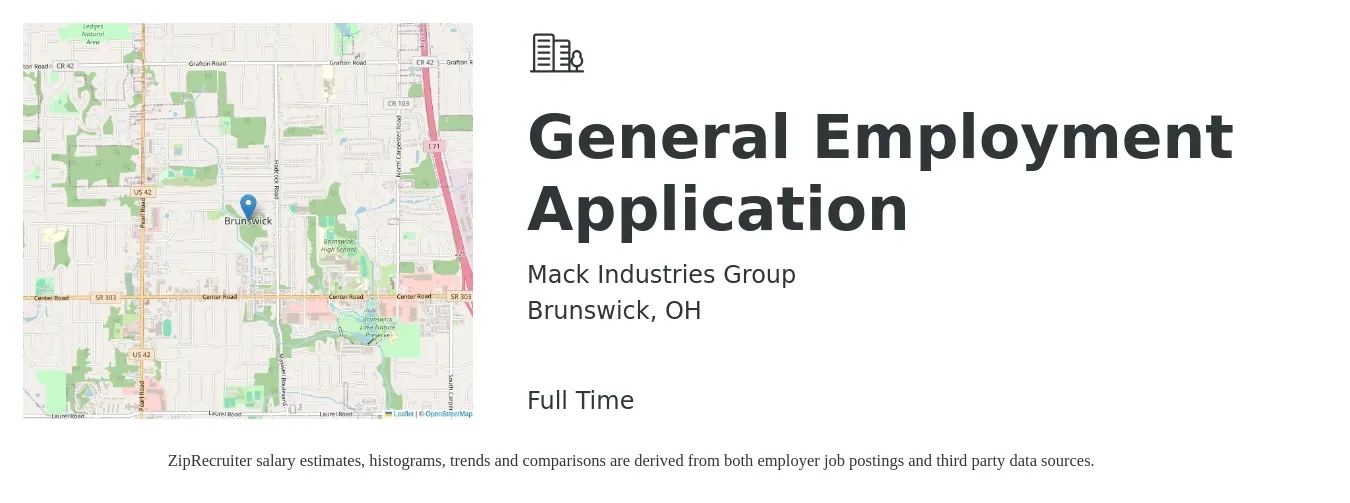 Mack Industries Group job posting for a General Employment Application in Brunswick, OH with a salary of $39 to $56 Hourly with a map of Brunswick location.
