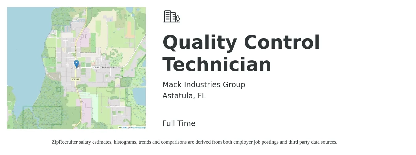 Mack Industries Group job posting for a Quality Control Technician in Astatula, FL with a salary of $15 to $20 Hourly with a map of Astatula location.