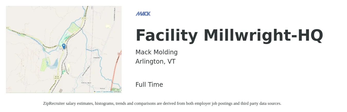 Mack Molding job posting for a Facility Millwright-HQ in Arlington, VT with a salary of $25 to $33 Hourly with a map of Arlington location.