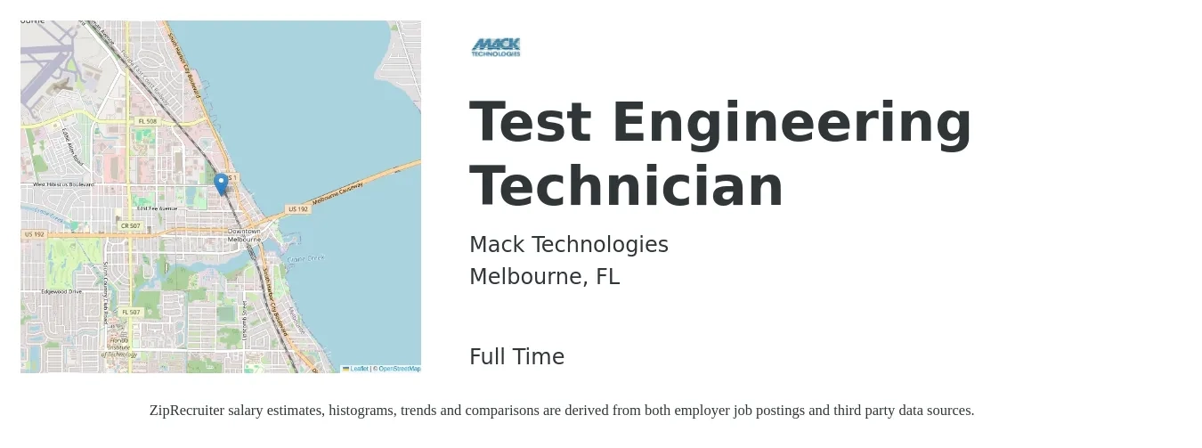 Mack Technologies job posting for a Test Engineering Technician in Melbourne, FL with a salary of $43,600 to $66,700 Yearly with a map of Melbourne location.